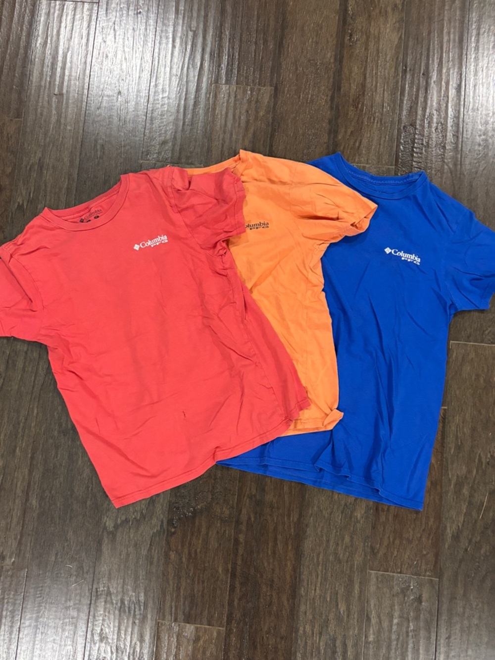Columbia Men’s Small Short Sleeve Tees - Red, Orange, Blue Trio